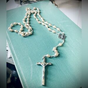 Vintage silver & pearls rosary bead necklace Italy